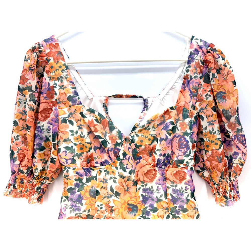 Showpo Floral Puff Sleeve Cut Out Mini Dress Sz US 2 Garden Party Euro Summer - Picture 4 of 10